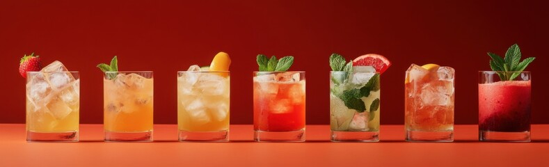 Seven colorful cocktails with ice, garnished with fruit and mint, on a red background