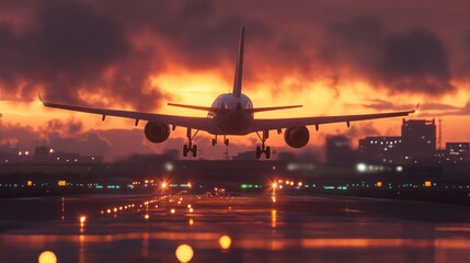 Airplane landing at sunset, city backdrop