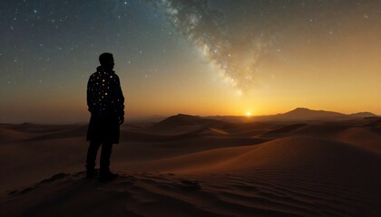 Awe-Inspiring Stargazing: A lone figure stands atop a sandy dune under a starlit sky, with the radiant glow of the rising sun in the horizon, evoking a sense of wonder and boundless exploration.