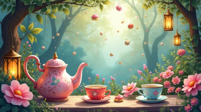Whimsical tea party in fairy tale garden with oversized teapots, floating pastries, vibrant flowers, and glowing lanterns, dreamy watercolor.

