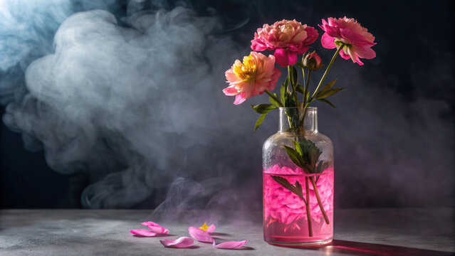 Studio lit bottle with vibrant pink base and floating neon peonies in glass vase, moody dark mist in back. - Powered by Adobe