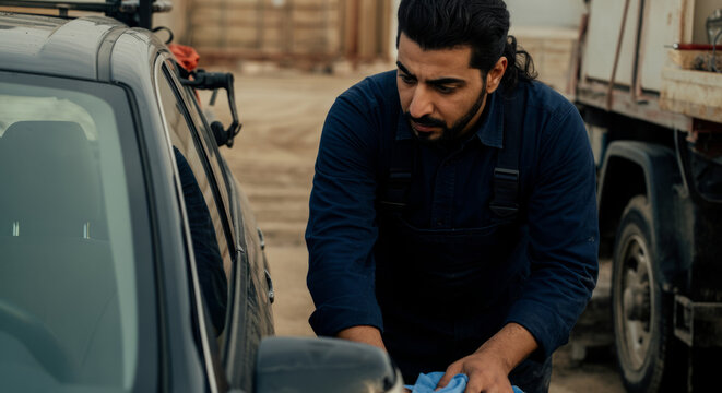 Young hispanic male mechanic cleaning car outdoors in workshop setting