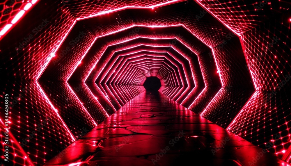 Poster red neon tunnel: a mysterious silhouette walks through a mesmerizing tunnel of flashing red neon lig