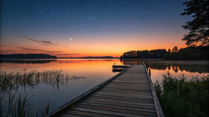 Fototapeta premium Sunset lake view from a wooden dock with stars appearing