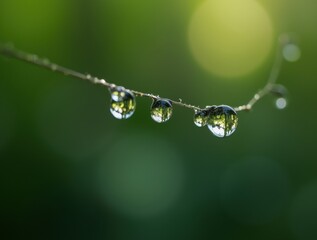 Fototapeta premium Macro view of dew drops on spiderweb reflecting green nature, sharp detail, natural morning light.