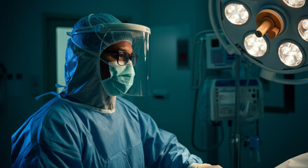 Asian male surgeon in operating room wearing ppe under surgical lights