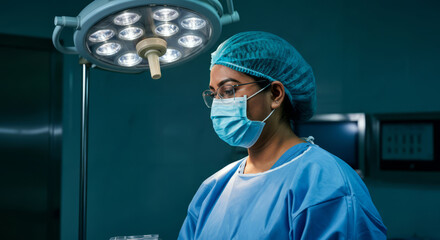 Female surgeon in operating room under surgical lights