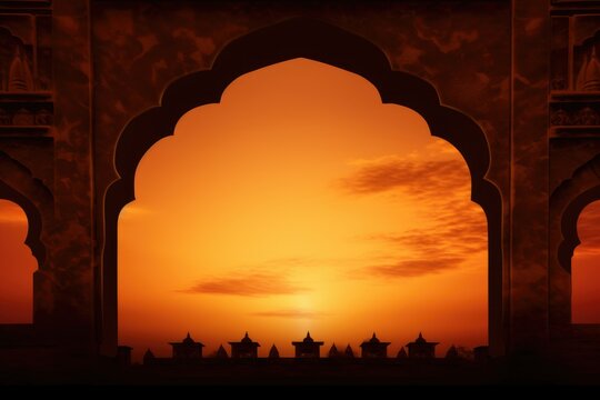 A majestic arched gateway frames a vibrant sunset over a silhouette of ancient buildings, evoking a sense of mystery and history.