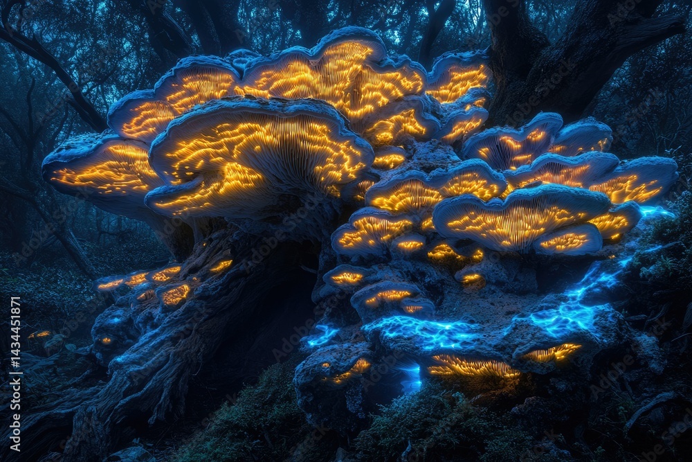 Poster glowing bioluminescent mushrooms illuminate a dark forest scene, creating a magical, ethereal atmosp