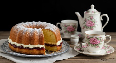 Delicious bundt cake with tea set elegant dessert image