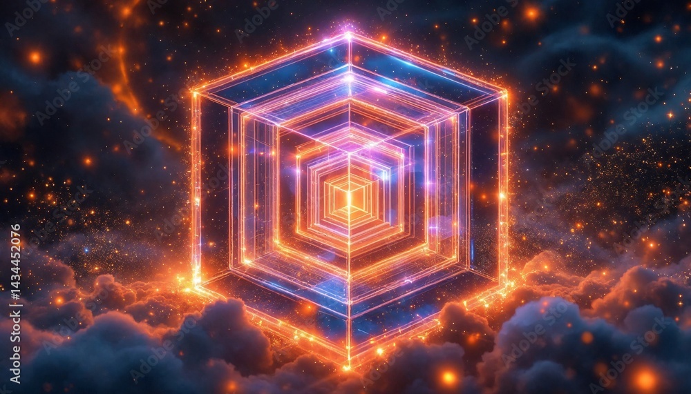Aufkleber abstract quantum cube in cosmic cloud: a luminous abstract cube composed of geometric lines glows br