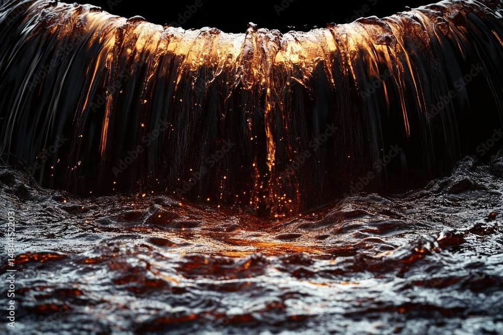 Poster glowing orange liquid cascades down, creating a mesmerizing waterfall effect with sparkling droplets