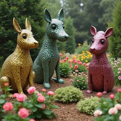 Fototapeta premium Metallic animal topiaries and quirky recycled art among blooming flowers, vibrant and whimsical garden setting.