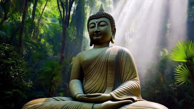Buddha statue meditating in serene natural landscape  