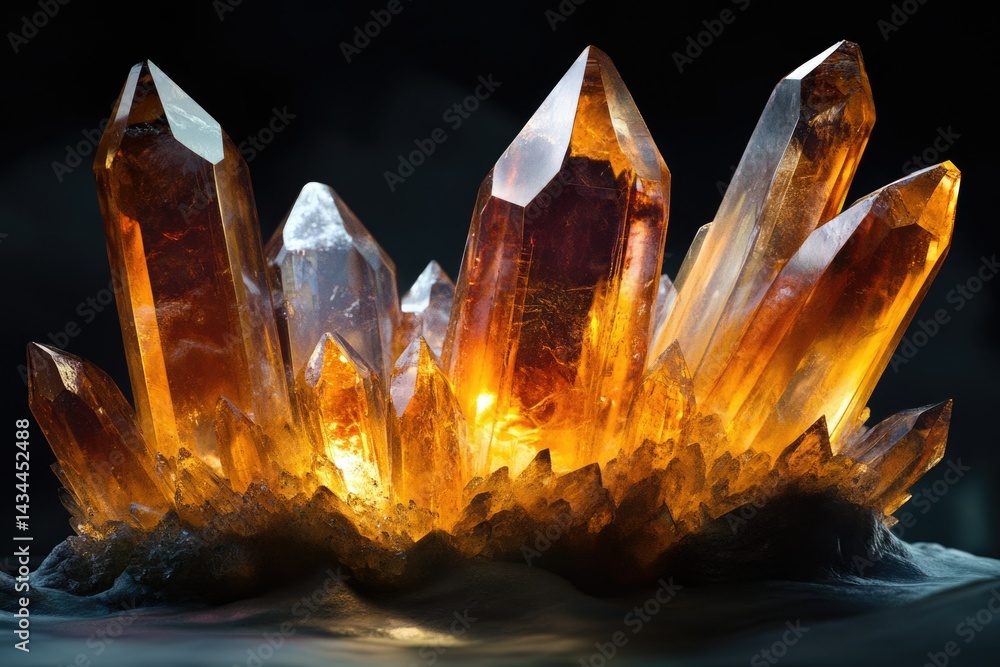 Poster a cluster of luminous amber crystals, glowing intensely in the dark, showcasing intricate formations