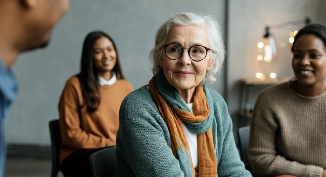 Elderly caucasian woman engaging in group discussion with diverse adults in casual setting