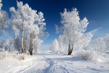 Obraz premium serene snowy landscape with trees under bright blue sky 