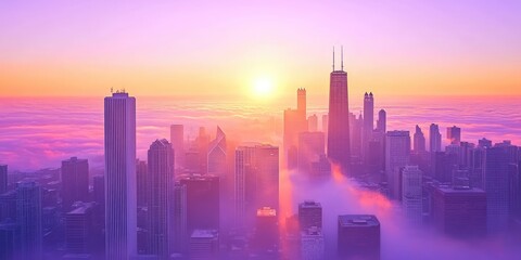 Fototapeta premium Breathtaking aerial view of Chicago's skyline at sunrise, bathed in a magical purple and pink mist.
