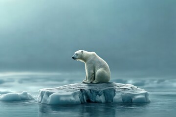 Lone polar bear sitting on melting ice chunk in arctic waters