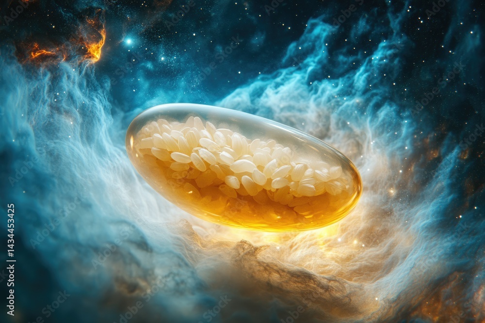 Poster cosmic capsule filled with glowing, rice-shaped objects, floating in a nebula.
