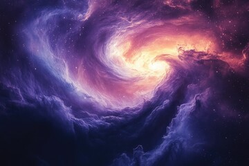 A swirling nebula in deep space, vibrant purples, pinks, and oranges create a cosmic vortex.