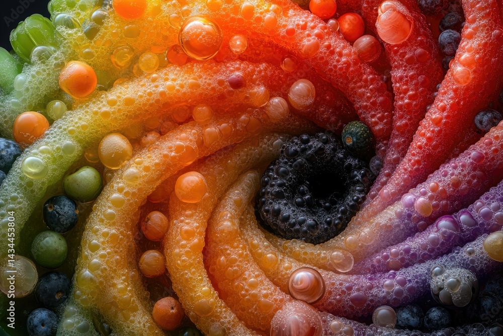 Poster a vibrant swirl of colorful fruits and bubbles, creating a mesmerizing rainbow effect.