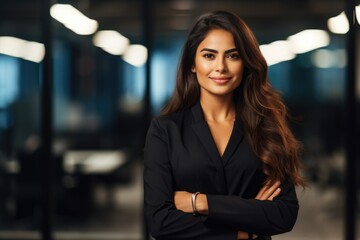 Naklejka premium Confident businesswoman with arms crossed, smiling, in a modern office setting.