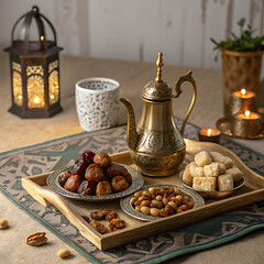 Elegant Arabic tea set on a tray with dates, nuts, and traditional sweets, Eid-themed decorations around, sitting on embroidered tablecloth, golden hour lighting