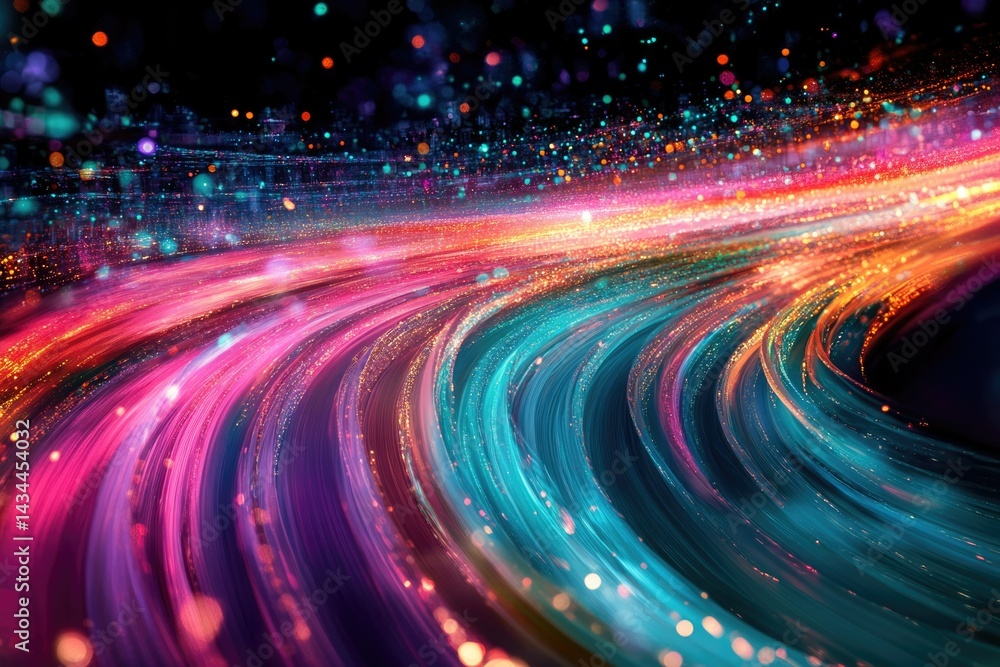 Poster Abstract swirling vibrant light trails with sparkling particles, creating a dynamic and colorful cosmic scene.