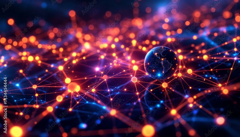 Poster digital world: a mesmerizing digital world where interconnected nodes and radiant lines encircle a g