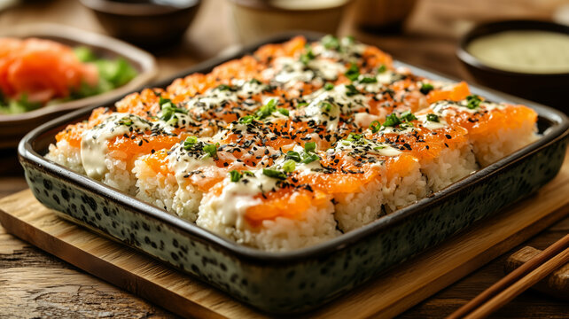 Baked sushi casserole with fresh salmon and creamy rice layer delight