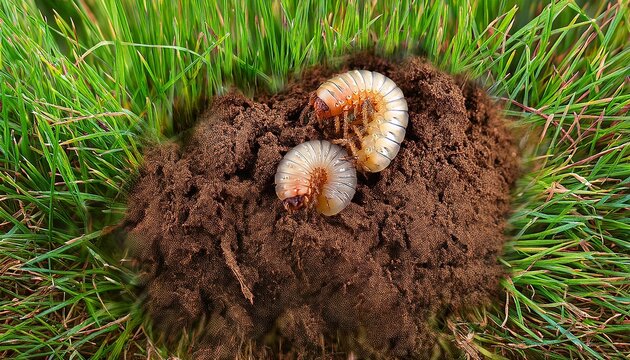 Lawn grub damage as chinch larva damaging grass roots causing a brown patch disease in the turf as a damaged Healthy Lawn representing gardening and landscaping.