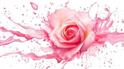 Pink rose splash, vibrant, studio, white background, floral design