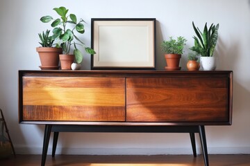 A wooden cabinet with a black frame and potted plants on top