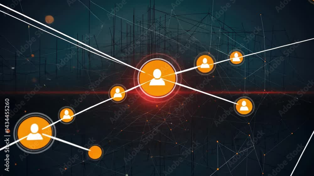 Poster artistic representation of business expansion with abstract connections and glowing nodes in a dark 