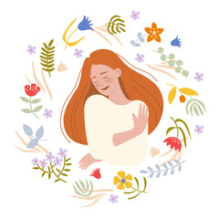 Colorful illustration of a woman hugging herself in front of flowers, symbolizing self-love and acceptance. Hand-drawn vector in flat style.