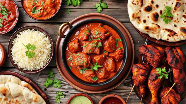 An authentic Indian food feast featuring chicken tikka masala, naan bread, basmati rice, and various flavorful curries enjoyed in a cozy setting with friends and family