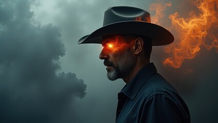 Profile of a Man with Fiery Eyes Surrounded by Abstract Smoke and Flames