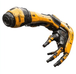 A futuristic yellow and black robotic arm with a sleek design and multiple joints