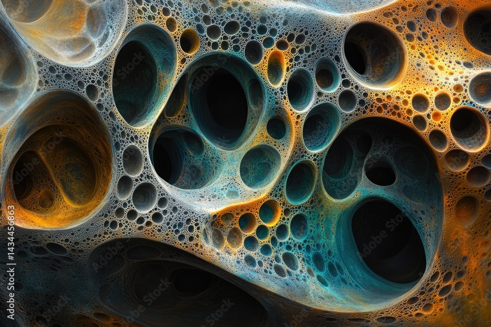 Aufkleber Abstract 3D render of a porous, cavernous structure with teal and gold hues, resembling a fractal or cellular pattern.