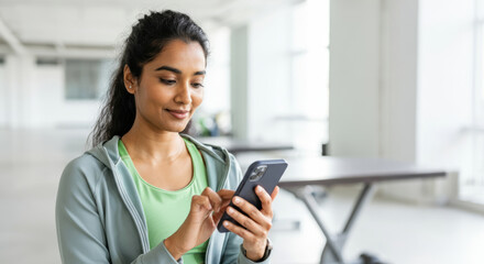 Young asian female using smartphone in bright indoor office setting