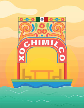 Ilustraci&oacute;n trajinera de Xochimilco en M&eacute;xico	