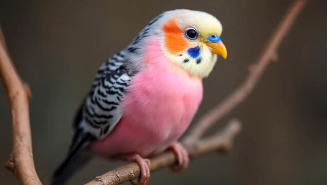A pink budgie perches on a branch, its vibrant plumage contrasting with the muted background. Its bright orange cheeks and blue cere are clearly visible. A captivating close-up