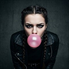 a cool rebel gothic girl having a pink chewing gum bubble as a sigh of teen rebel style