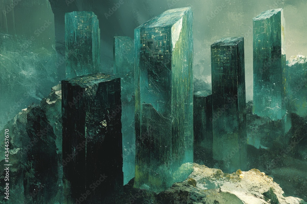 Poster A futuristic city built within colossal, translucent emerald crystals, glowing with inner circuitry.