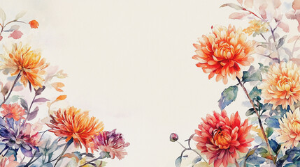 Obraz premium watercolor botanical Chrysanthemum flowers texture template background.Elegant wedding invitation card background . Minimal hand painted Design for wedding or Valentine's Day