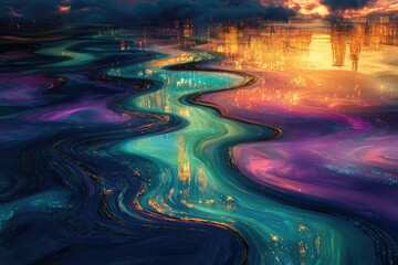Abstract painting of a city reflected in a vibrant, swirling river at sunset.