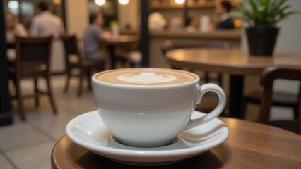 Latte Art in White Cup on Cafe Table, Coffee Shop Scene, Warm Lighting