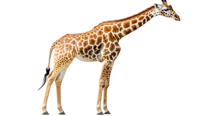 Giraffe standing with long neck extended, isolated on white background