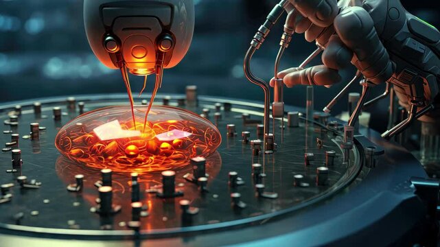 Nanorobots actively repairing human cells in a futuristic laboratory setting, showcasing advanced technology and meticulous precision at work in a biotechnological environment